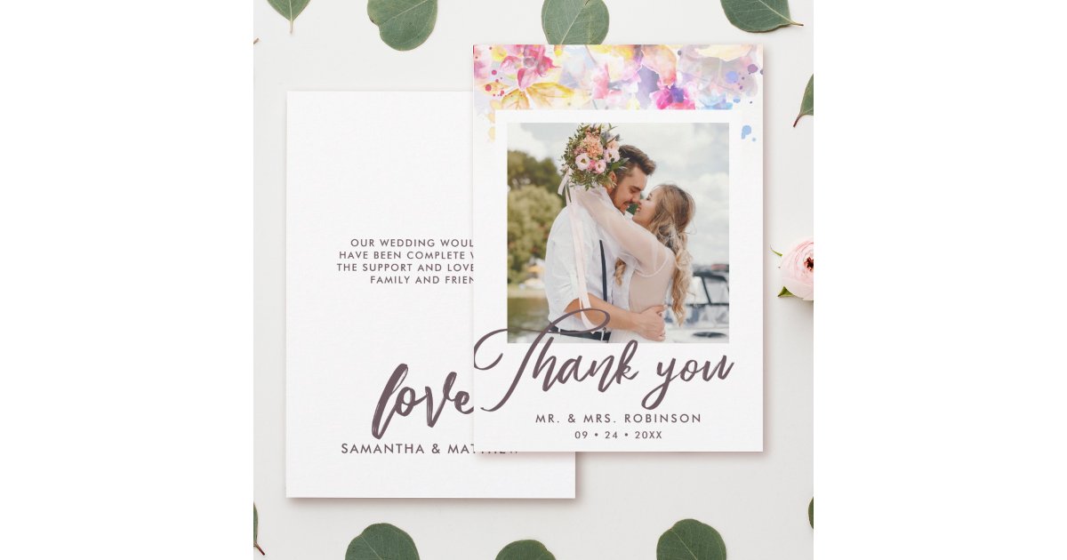 Watercolor Pastel Floral Wedding Photo Thank You Card | Zazzle