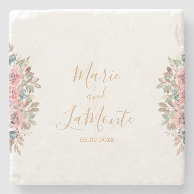 Watercolor Pastel Floral Wedding  Stone Coaster (Front)
