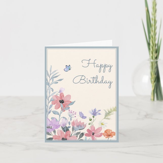 Watercolor pastel flowers butterfly birthday card (Front)