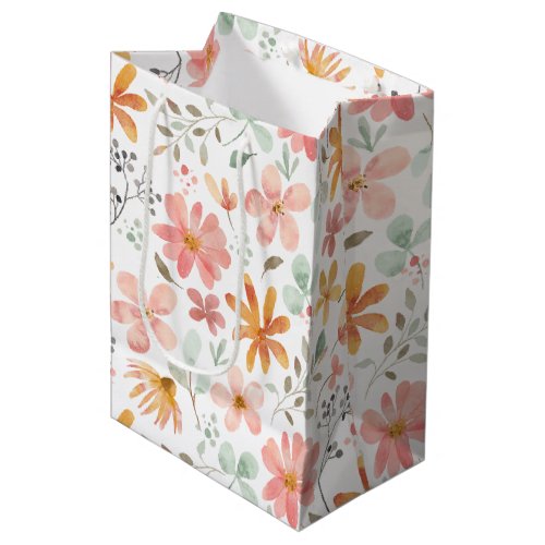 Watercolor Pastel Flowers Floral Pattern Medium Gift Bag