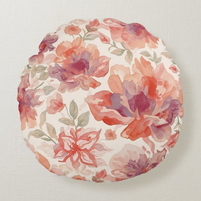 Watercolor Pastel Flowers Light Orange Round Pillow (Front)