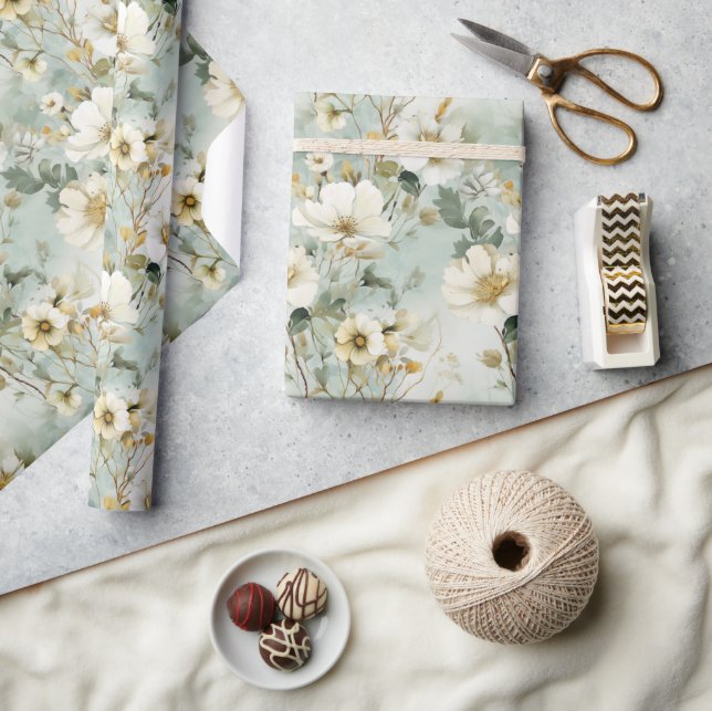 Watercolor pastel green and white wild flowers wrapping paper (Crafts)