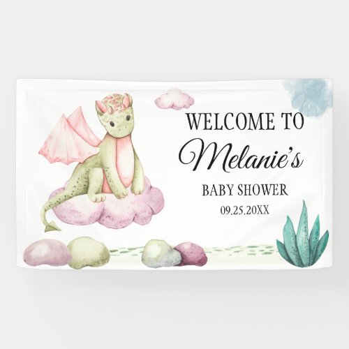 Watercolor Pastel Green Dragon on a Pink Cloud Banner