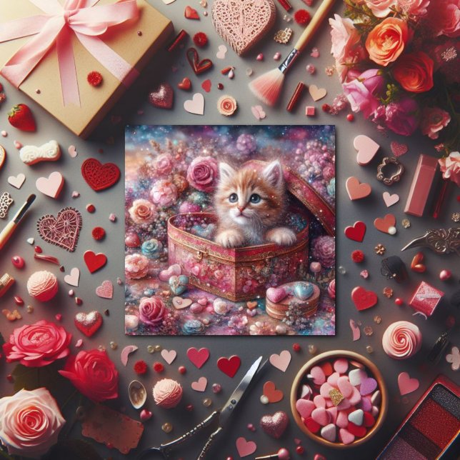 Watercolor Pastel Kitten Heart Candy Valentine  Holiday Card (Creator Uploaded)