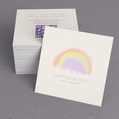 Watercolor pastel mauve rainbow QR CODE Square Business Card