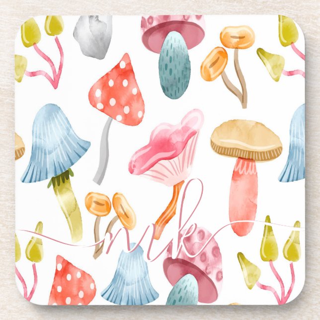  Watercolor Pastel Mushrooms Beverage Coaster (Front)