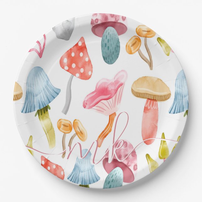  Watercolor Pastel Mushrooms Paper Plates (Front)