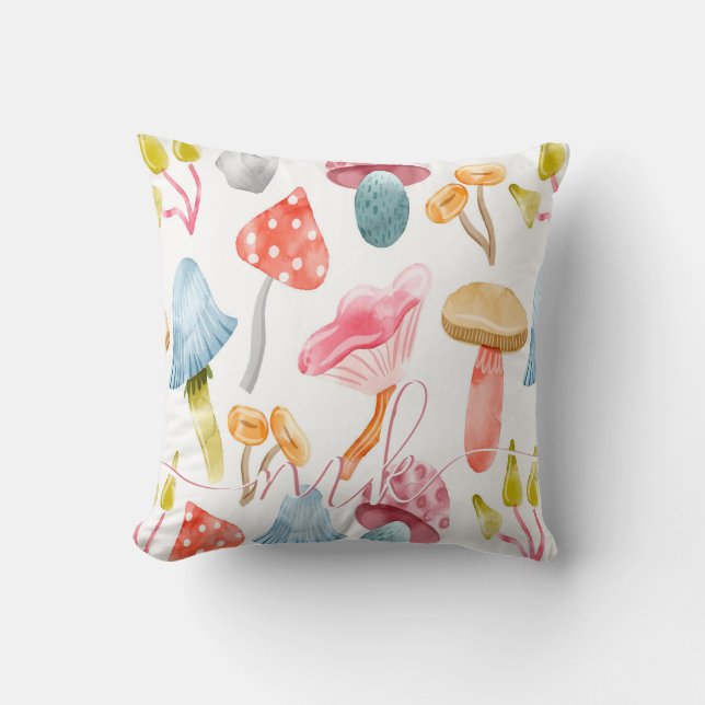  Watercolor Pastel Mushrooms Throw Pillow (Front)