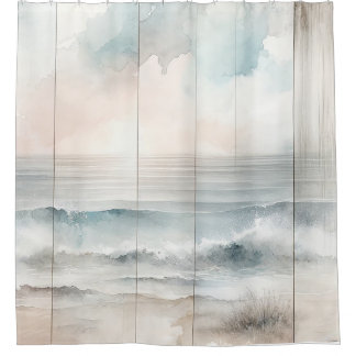 Watercolor Pastel Ocean Rustic Wood Texture Shower Curtain