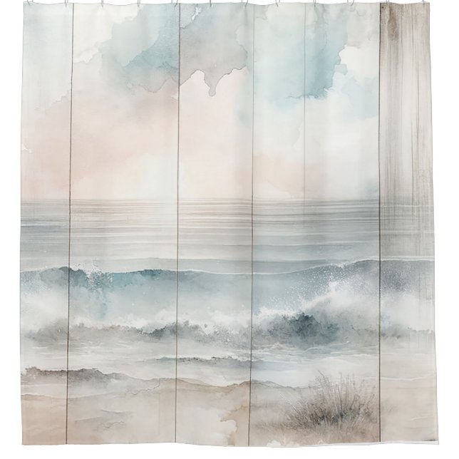 Watercolor Pastel Ocean Rustic Wood Texture Shower Curtain (Front)