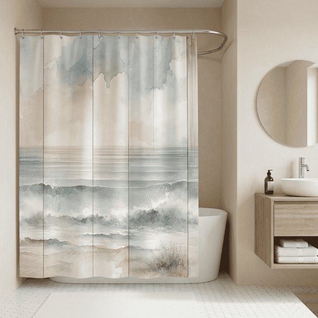 Watercolor Pastel Ocean Rustic Wood Texture Shower Curtain (Pastel Ocean Rustic Wood 1)