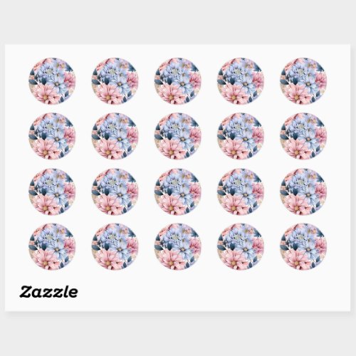 Watercolor pastel pink and blue blooms classic round sticker