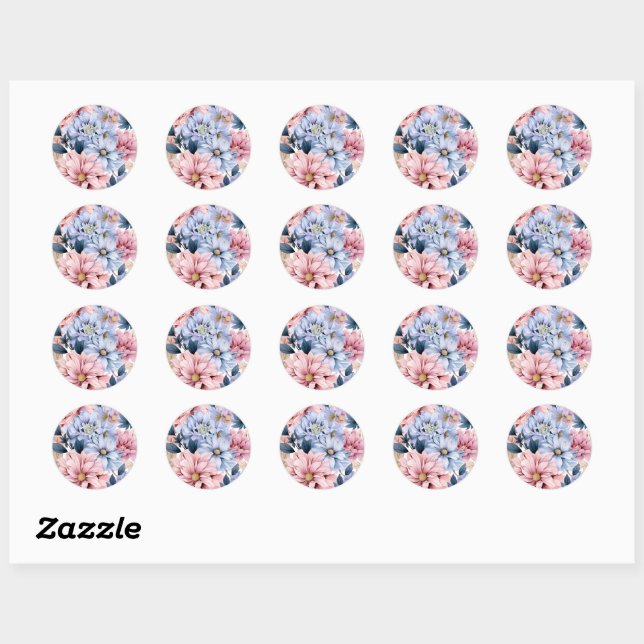 Watercolor pastel pink and blue blooms classic round sticker (Sheet)