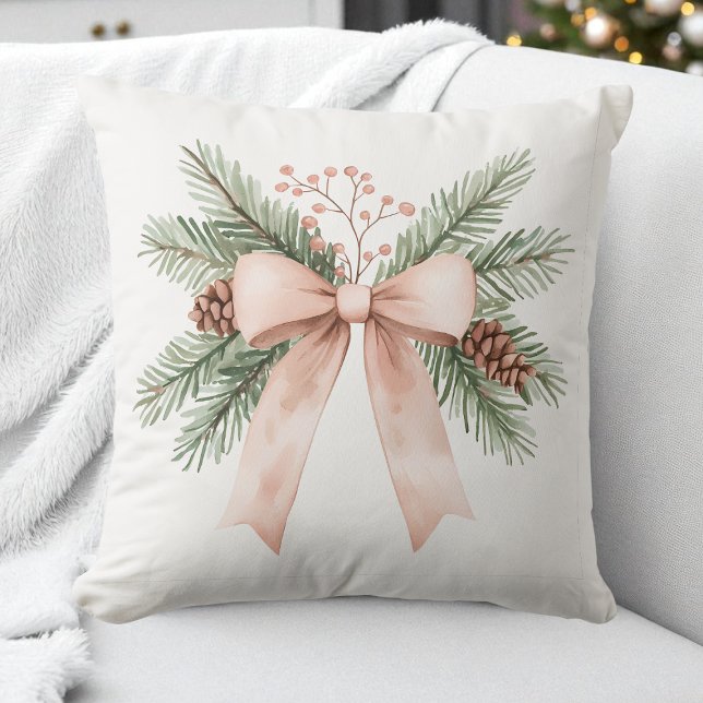 Watercolor Pastel Pink Beige Christmas Bow Pine Throw Pillow (Watercolor Pastel Pink Beige Christmas Bow Pine Throw Pillow)