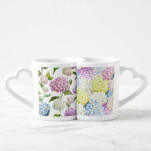 WATERCOLOR PASTEL PINK BLUE PURPLE HYDRANGEA BLOOM COFFEE MUG SET