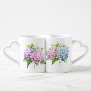 WATERCOLOR PASTEL PINK BLUE PURPLE HYDRANGEA BLOOM COFFEE MUG SET