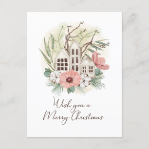 Watercolor Pastel Pink Brown Green Merry Christmas Holiday Postcard