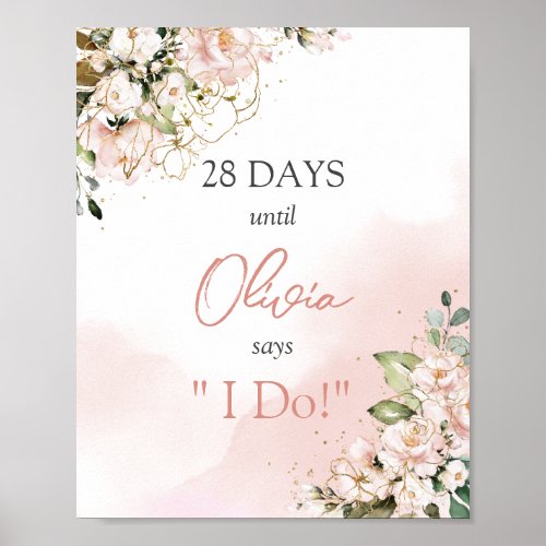 Watercolor pastel pink floral boho countdown sign
