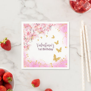 Watercolor Pastel Pink Flowers Gold Butterflies Napkins