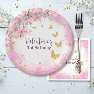 Watercolor Pastel Pink Flowers Gold Butterflies Paper Plates