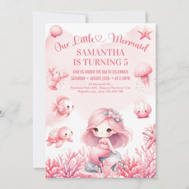 Watercolor pastel pink little mermaid birthday invitation (Front)
