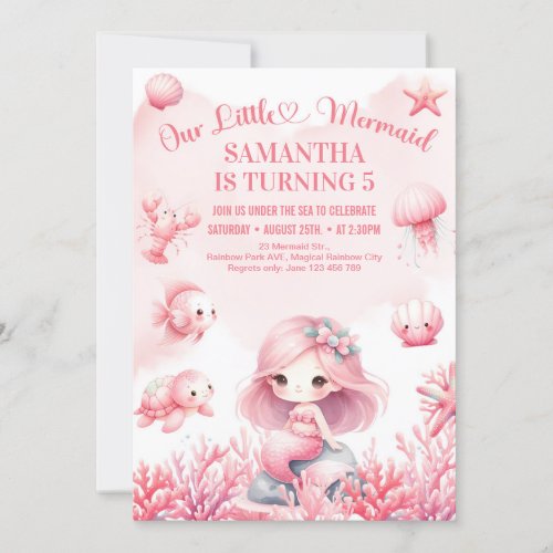 Watercolor pastel pink little mermaid birthday invitation