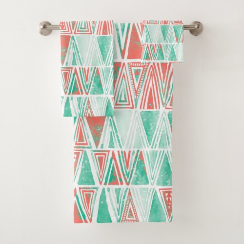 Watercolor Pastel Pink Mint Green Tribal Triangles Bath Towel Set