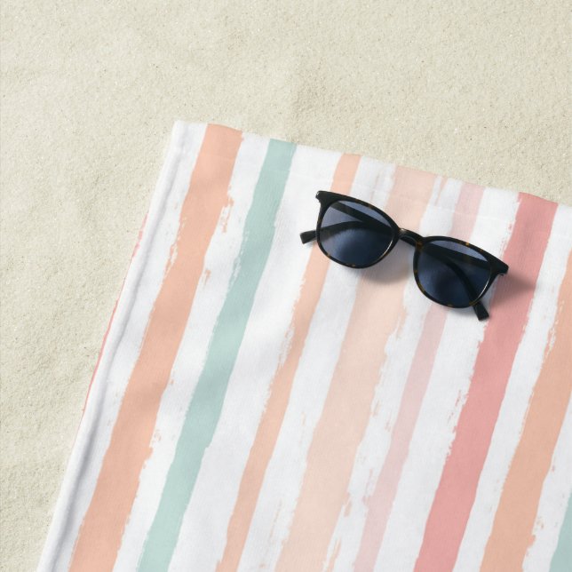 Watercolor Pastel Pink Peach Stripes Monogrammed Beach Towel (In Situ)