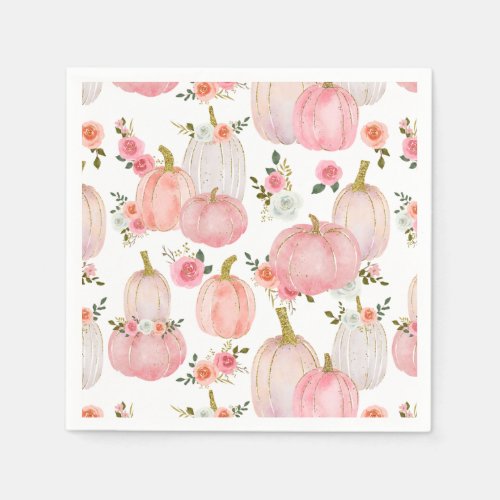 Watercolor Pastel Pink Pumpkin Roses Baby Shower Napkins