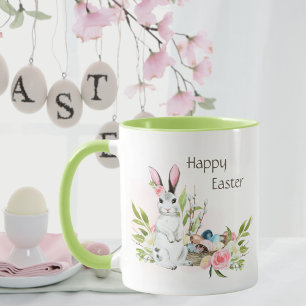 Watercolor Pastel Pink Roses Bunny Happy Easter Mug