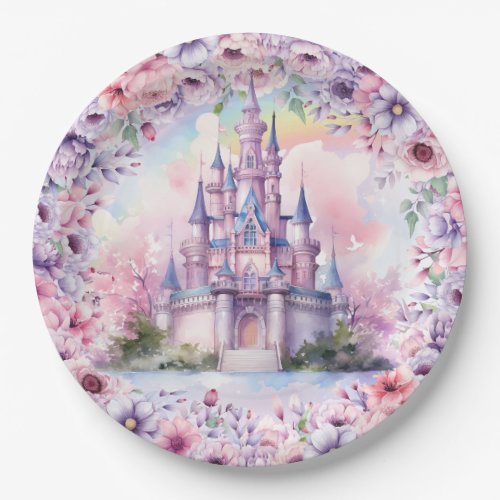 Watercolor Pastel Pink Unicorn and Fairy Castle Paper Plates