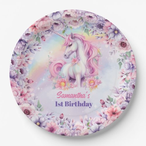 Watercolor Pastel Pink Unicorn Girl Birthday Paper Plates