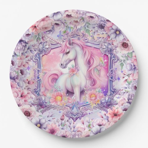 Watercolor Pastel Pink Unicorn Girl Birthday Paper Plates