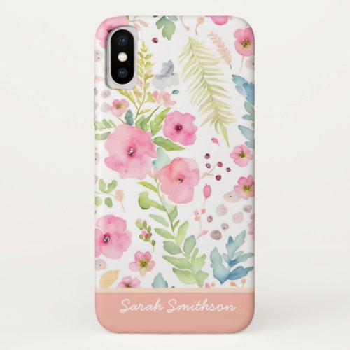 Watercolor Pastel Pink Wildflower Meadow and Name iPhone XS Case