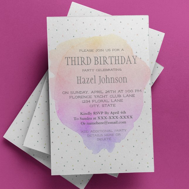 Watercolor Pastel Pretty Third Birthday Girl Pink Invitation (Creator Uploaded)
