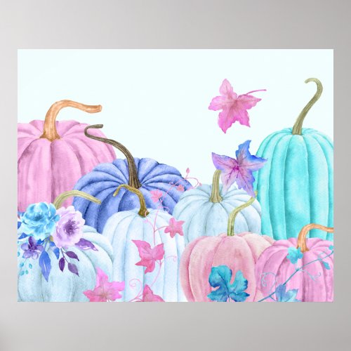 Watercolor pastel pumpkin and floral frame poster
