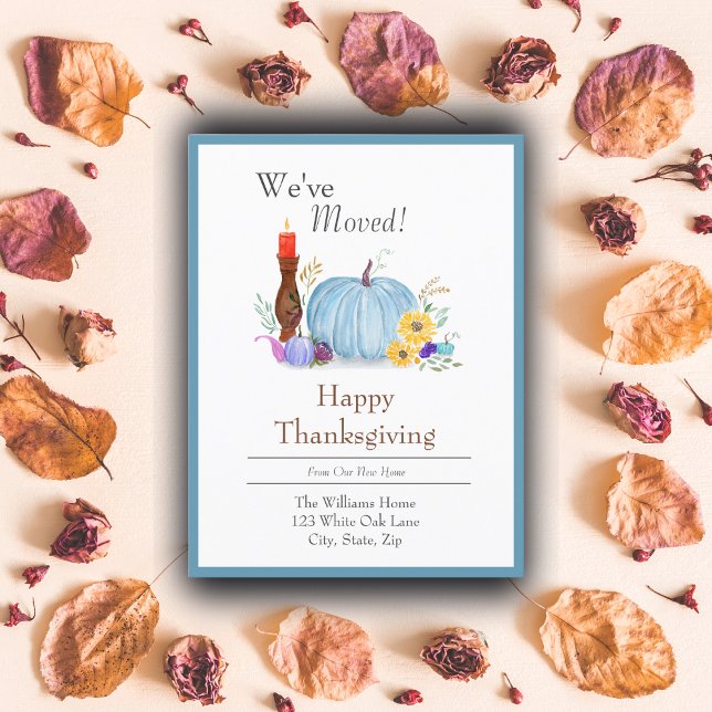 Watercolor Pastel Pumpkin Autumn Thanksgiving Home Announcement Postcard (Add warmth to your Thanksgiving move with this delightful customizable postcard.)