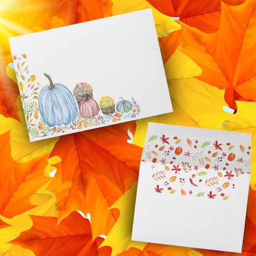 Watercolor Pastel Pumpkins With Mums And Flowers Envelope