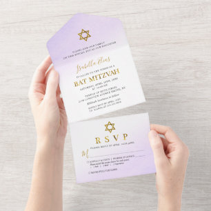 Watercolor Pastel Purple Gold Bat Mitzvah All In One Invitation