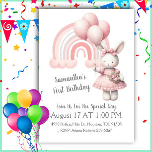 Watercolor Pastel Rainbow And Girl Bunny Birthday Invitation