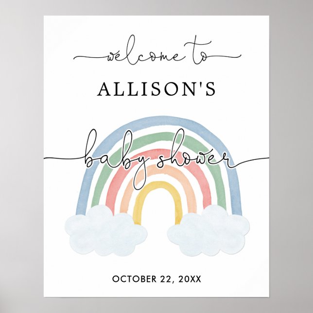 Watercolor pastel rainbow baby shower welcome sign (Front)