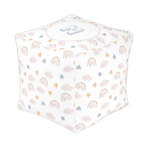 Watercolor Pastel Rainbow Cloud Stars Monogram Pouf