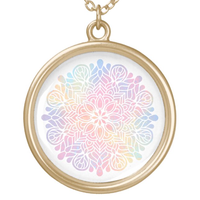 *~*  Watercolor Pastel Rainbow Mandala Spiritual Gold Plated Necklace (Front)