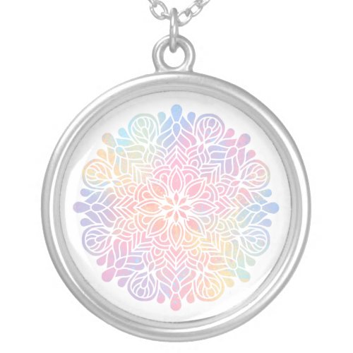   Watercolor Pastel Rainbow Mandala Spiritual Silver Plated Necklace