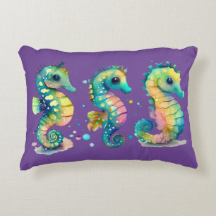 Watercolor Pastel Rainbow Seahorses Accent Pillow