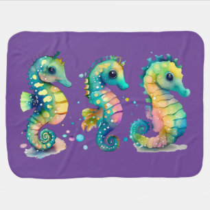 Watercolor Pastel Rainbow Seahorses Baby Blanket