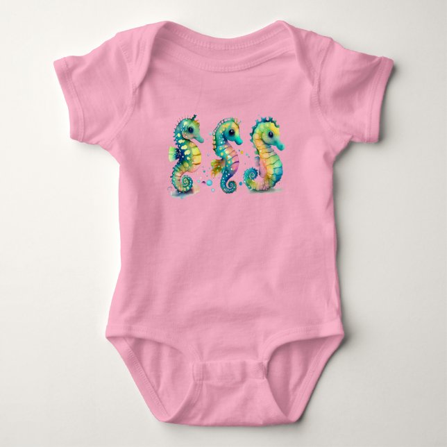 Watercolor Pastel Rainbow Seahorses Baby Bodysuit (Front)
