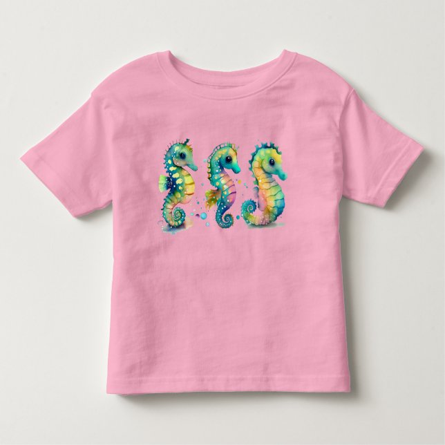 Watercolor Pastel Rainbow Seahorses Toddler T-shirt (Front)