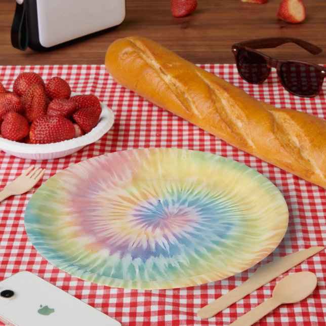 Watercolor Pastel Rainbow Tie Dye  Paper Plates (Picnic)