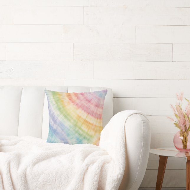 Watercolor Pastel Rainbow Tie Dye Throw Pillow (Couch)